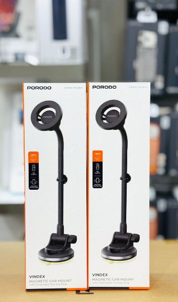 Porodo Vindex Magnetic Car Mount with Extended Flexible Pole – 360° Rotation, Strong Magnet, Black ✅