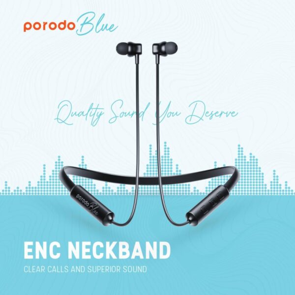 Porodo Blue ENC Neckband Earbuds – Bluetooth 5.3, 28H Playtime, Deep Bass & Clear Call Quality (Black)