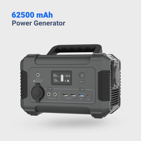 Portable Power Generator 62500mAh – 200W QC3.0 & PD 30W, Solar Rechargeable, Universal AC Outlet, Black