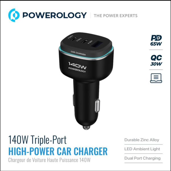Powerology 140W Car Charger with 2× USB-C & 1× USB-A Ports, C-to-C Cable Included – Fast Charging (Black/Grey)