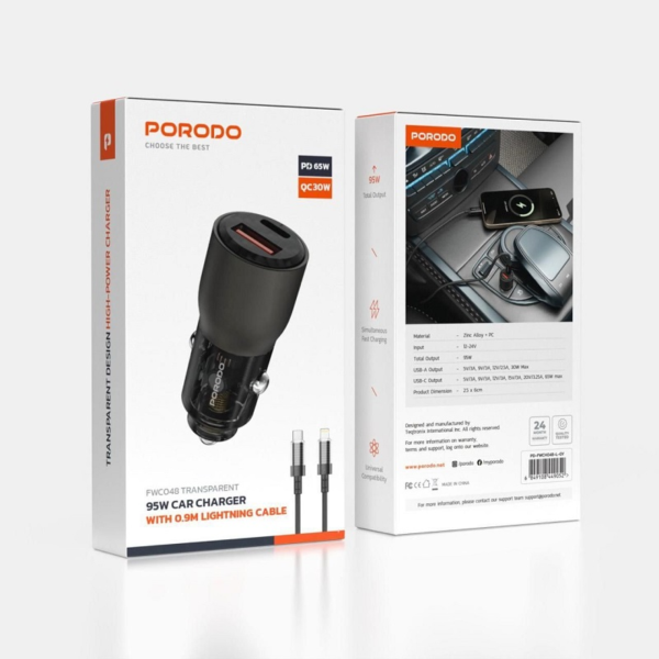 Porodo 95W Transparent Car Charger with USB-C Cable (0.9M) – Fast Charging Power Delivery