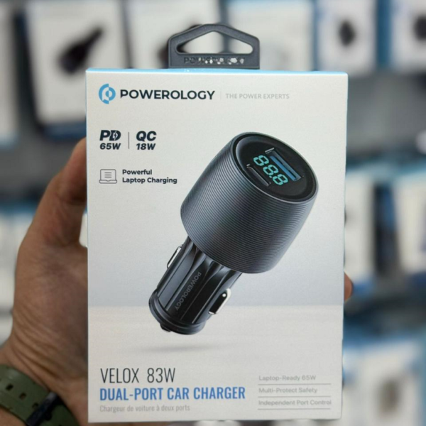 Powerology Velox 83W Dual-Port Car Charger with USB-C Cable (1M) – Fast Charging Power Delivery