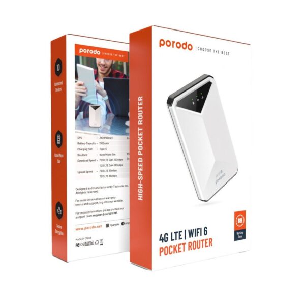 Porodo PD-PT4GRWD-WH 4G LTE Wi-Fi 6 Pocket Router – Portable High-Speed Hotspot (White)