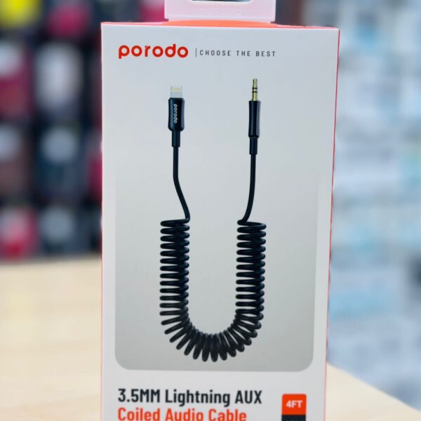 Porodo 3.5mm Lightning AUX Coiled Cable – 1.2M Audio Cable for iPhone