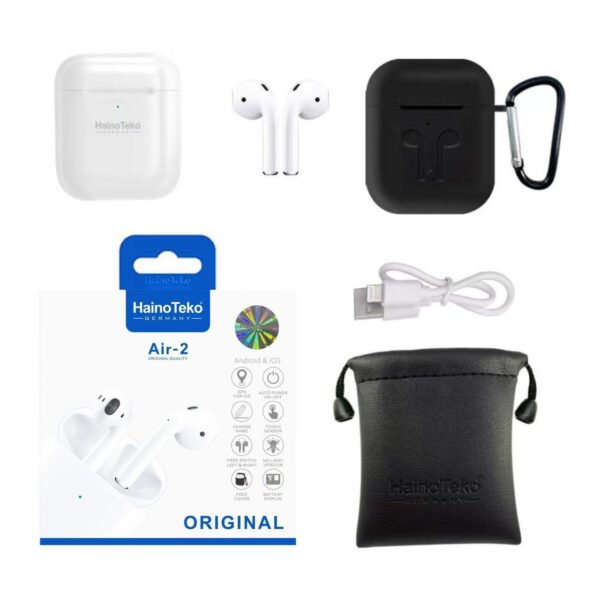 Haino Teko (Germany) Wireless AirPod AIR-2 In-Ear Earpod, Bluetooth Earphone, Headphone, Free Silicon Cover with hook, Original Quality, Compatible For iPhones And Androids - White