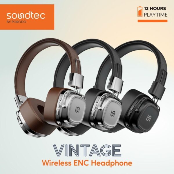 Porodo Soundtec Vintage Wireless ENC Headphones – Brown/Silver, BT 5.3, 13H Playtime, Micro SD Slot, Lightweight & Skin-Friendly