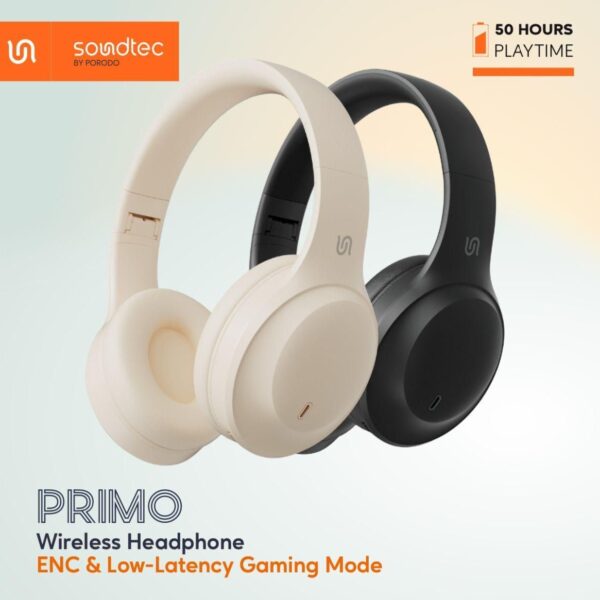 Porodo Soundtec Wireless Headphones – Black, ENC, Low-Latency Gaming Mode, 50H Playtime, Bluetooth 5.4