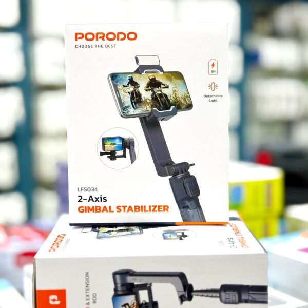 Porodo 2-Axis Gimbal Stabilizer – Smartphone & Action Camera Compatible, Anti-Shake, FPV Mode, Detachable Light, Black