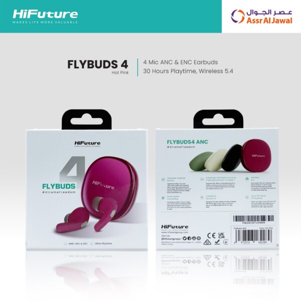 HiFuture FlyBuds 4 ANC True Wireless Earbuds – Active Noise Cancelling, Hot Pink