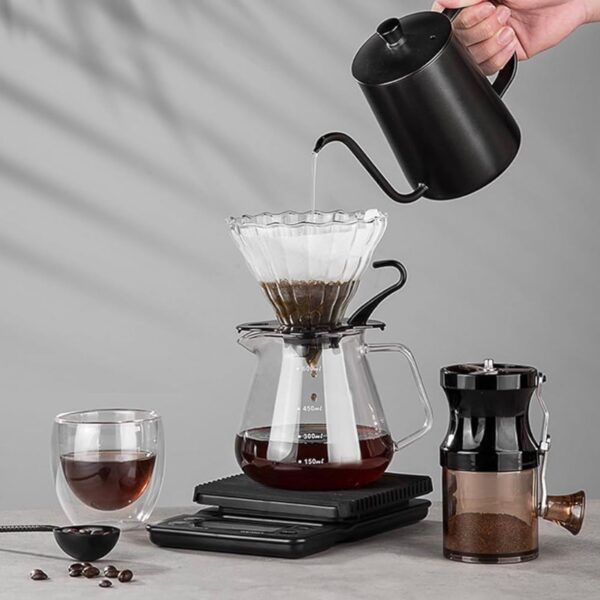 DS&DV Coffee Set Incl. Coffee Scale Glass Driper,Manual Grinter,Pour Over Kettle,Paper Filters,Double Wall Mug for Camping and Travelling (8 in 1 Coffee Makers)