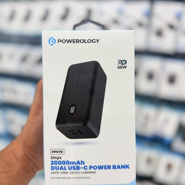 Powerology 20000mAh 65W Onyx Power Bank – Fast Charging, Type-C & USB-A, Black