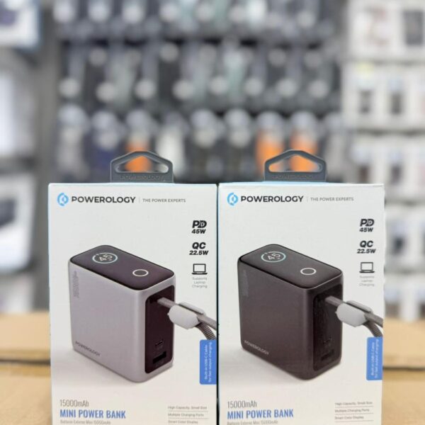 Powerology 15000mAh Mini Power Bank – Smart TFT Display, Built-in USB-C, Multiple Charging Ports, Black