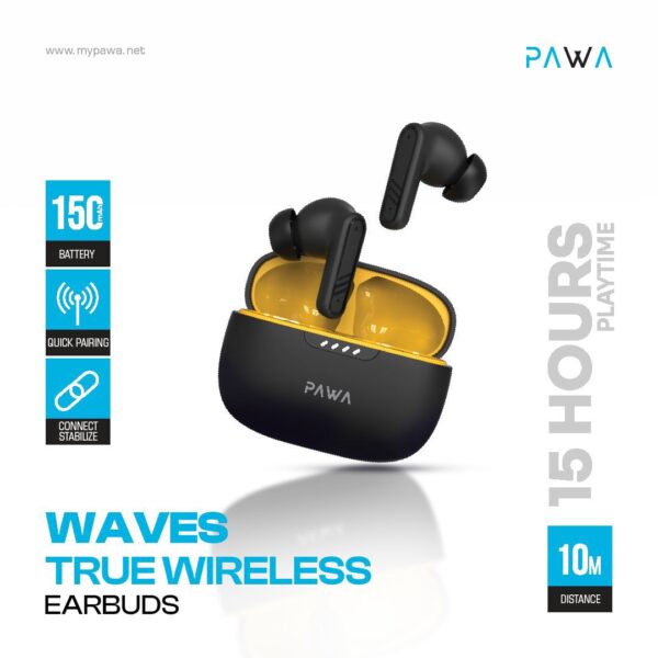 Waves True Wireless Earbuds – Black, TWS Stereo, Deep Bass, Portable Charging Case