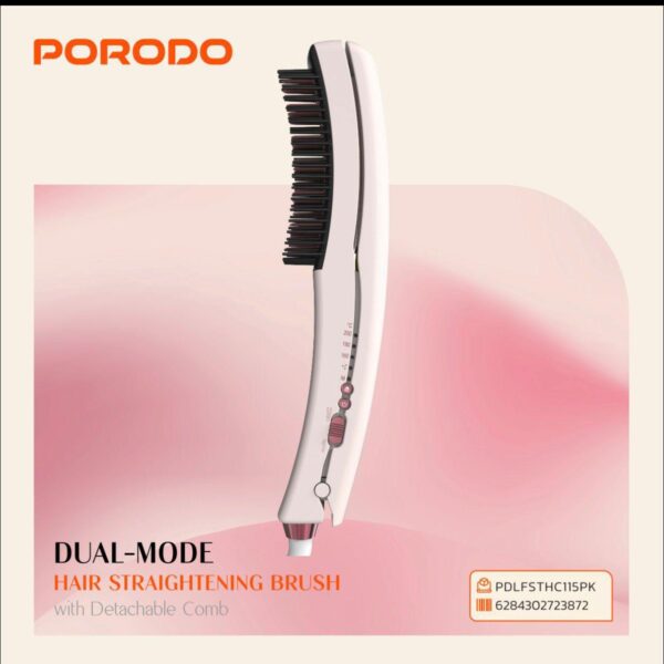 Porodo Dual-Mode Hair Straightening Brush with Detachable Comb – Pink, Fast & Easy Hair Styling