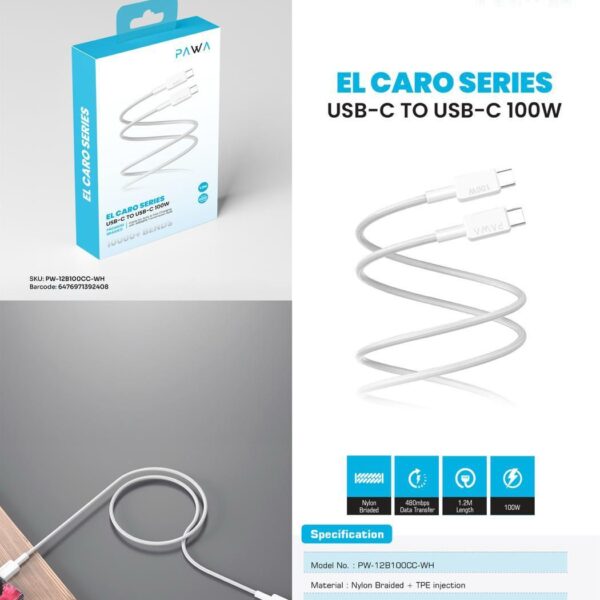 El-Claro Series Premium Braided Cable 2M USB-C to Lightning – 27W Fast Charging, White