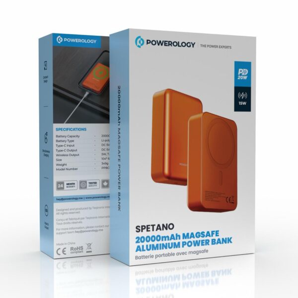 Powerology 10000mAh MagSafe Aluminum Power Bank – 15W Wireless & Type-C Fast Charging, Orange