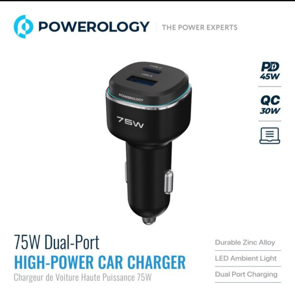 Powerology 75W Dual Port High Power Car Charger – Black/Gray (PCCSR024BKGY)
