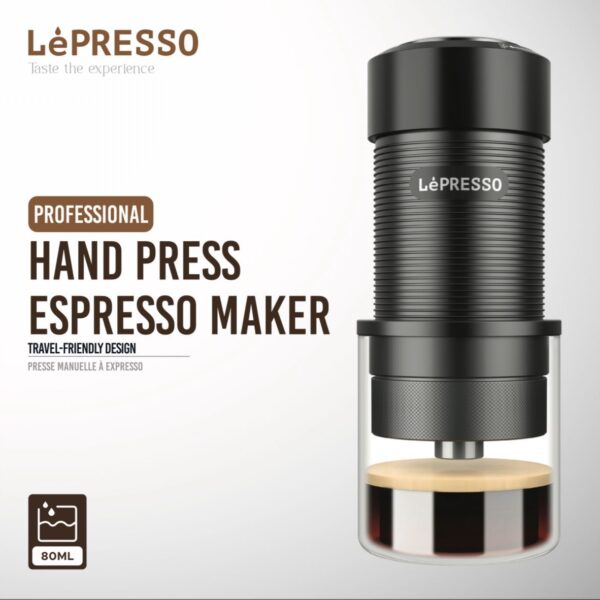 Lepresso Hand Press Espresso Maker, 9 Bar Portable Manual Coffee Machine, 304 Stainless Steel & Aluminum Alloy, 80mL Tank, 15-18g Capacity, 51mm Portafilter, Black | LPRJPCMBK