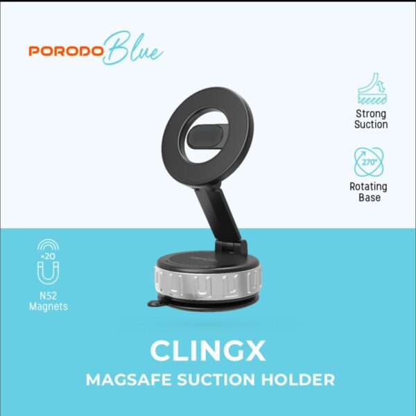 Porodo Blue Clingx MagSafe Suction Holder – Strong Magnetic Phone Mount (Black)
