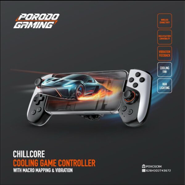 Porodo Chillcore Cooling Game Controller with Vibration & Customizable Macro Mapping / Universal Phone Compatibility / RGB / Wireless Connectivity / Android, iOS, Windows, Nintendo Switch & More Compatibility – Black