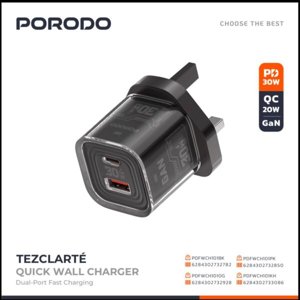Porodo TEZCLARTÉ Quick Wall Charger with Dual Port Fast Charging