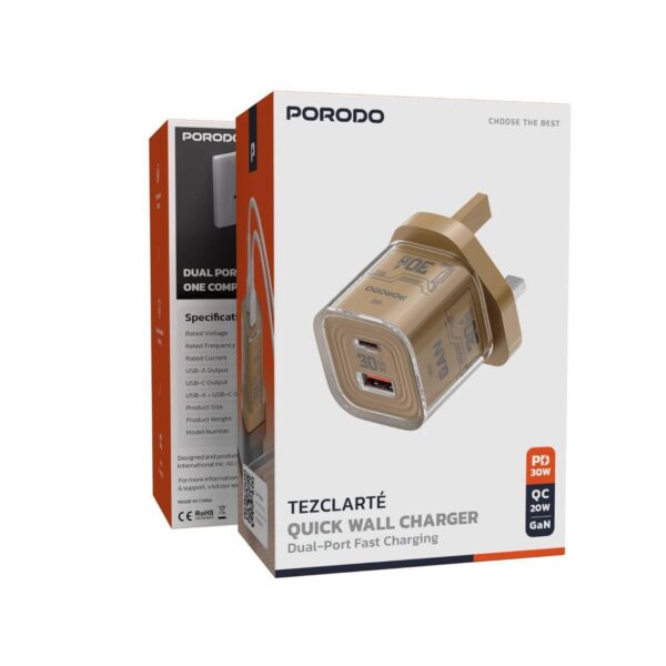 Porodo TEZCLARTÉ Quick Wall Charger with Dual Port Fast Charging, Flame Retardant Housing, Transparent Design, PD 30W USB-C Output, QC 20W USB-A Output
