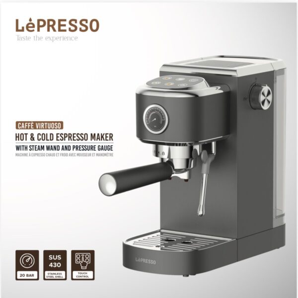 LePresso Hot & Cold Espresso Maker – 20 Bar Pump, Steam Wand, Touch Control, 1.3L Water Tank, 1350W, Gray
