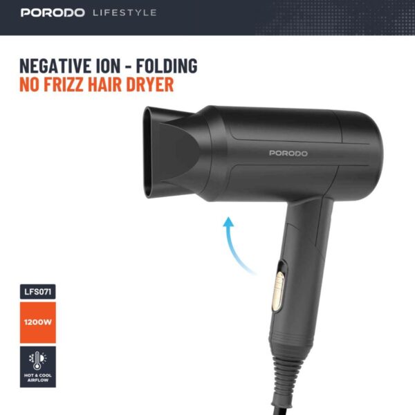 Porodo Lifestyle 1200W Foldable Hair Dryer with Concentrator Nozzle & Overheat Protection – Portable, UK 3-Pin Plug (Black)