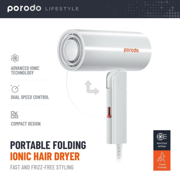 Porodo Lifestyle Portable Folding Ionic Hair Dryer (1300–1500W) – Fast, Frizz-Free Styling with 5,000,000 cm³ Ionic Output