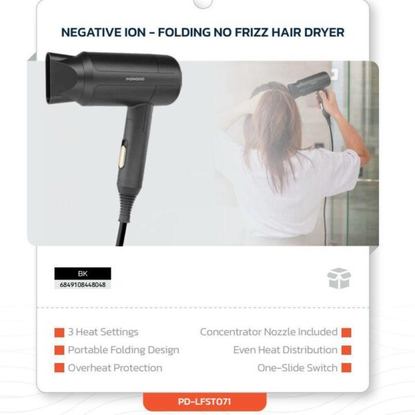 Porodo Lifestyle 1200W Foldable Hair Dryer – Portable, Powerful Airflow, UK 3-Pin Plug (Black)