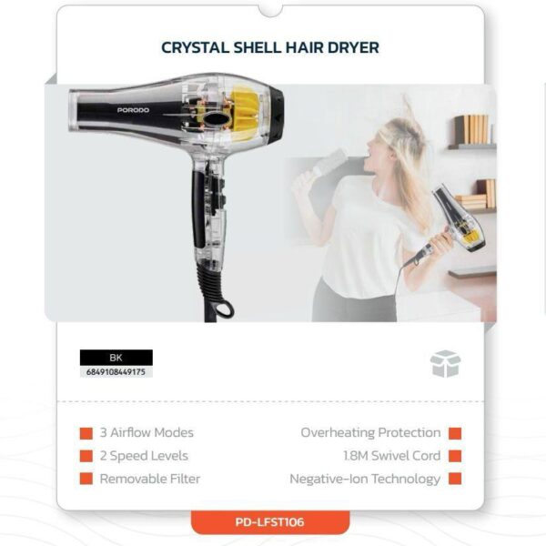 Porodo Lifestyle Crystal Shell Hair Dryer – Powerful Airflow, Sleek Design (Black)