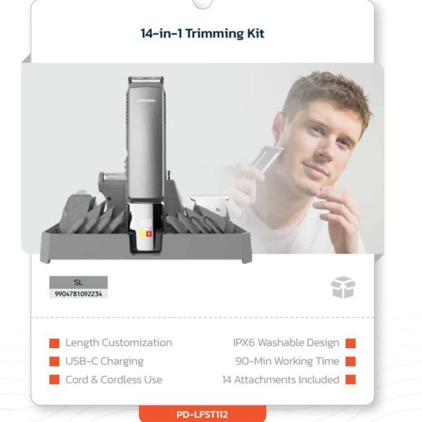 Porodo Lifestyle 14-in-1 Waterproof Trimming Kit – Cordless Grooming with USB-C Fast Charging