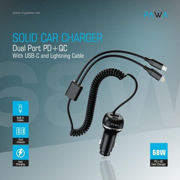 Solid Dual-Port Car Charger – PD + QC Fast Charging with USB-C & Lightning Cable