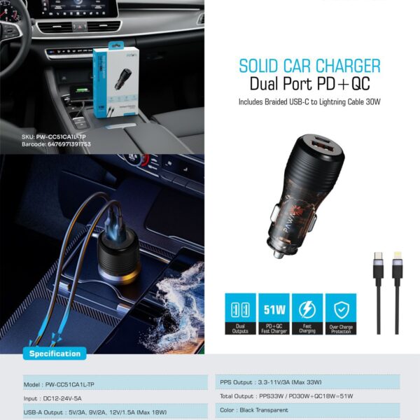 Solid 60W Dual-Port Car Charger – PD + QC Fast Charging with Braided USB-C to USB-C Cable