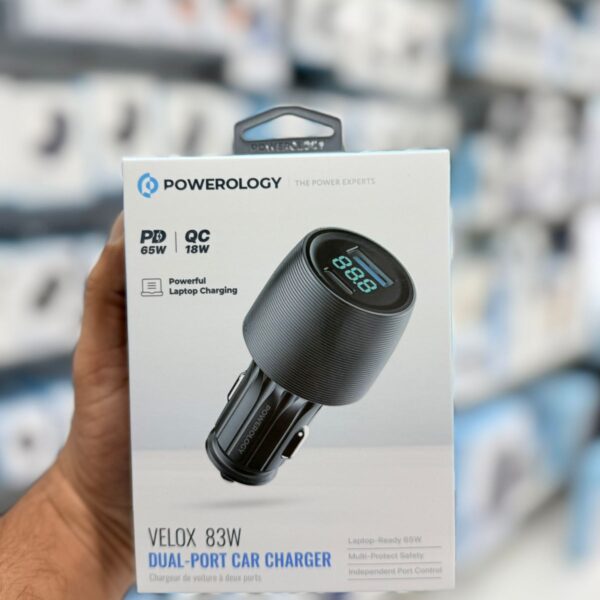 Powerology Velox 83W Dual-Port Car Charger – USB-C & USB-A, Includes 1M USB-C Cable