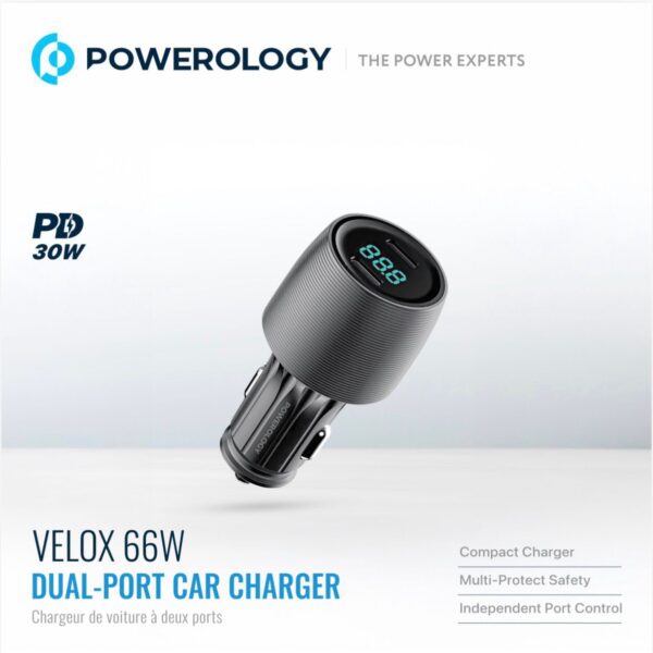 Powerology Velox 83W Dual-Port Car Charger – Fast Charging, USB-C & USB-A, Black