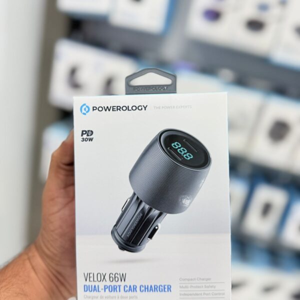 Powerology Velox 83W Dual-Port Car Charger – Fast Charging USB-C & USB-A