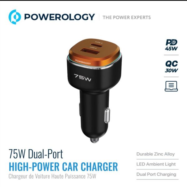 Powerology 75W Dual-Port High-Power Car Charger – Fast Charging USB-C & USB-A